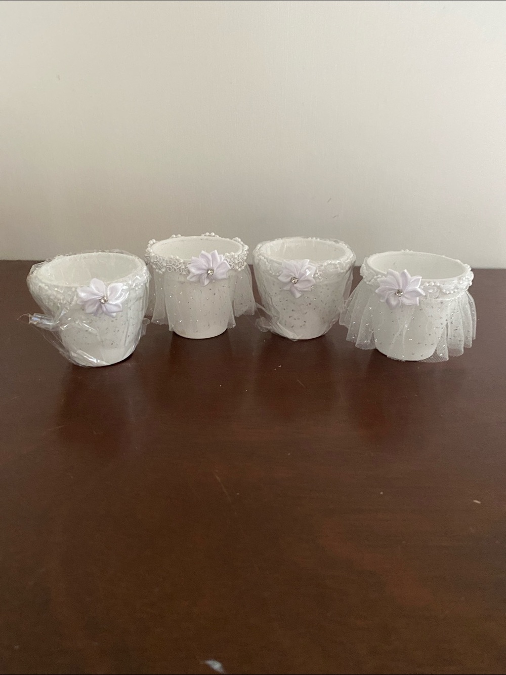 White Decorative Tulle Cup Covers with Flower Accent - Set of 4